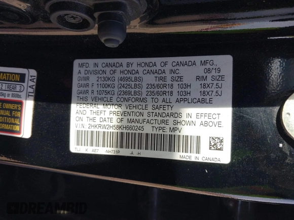 2019 Honda CR-V EX with VIN 2HKRW2H58KH660245, listed as a IAAI auction lot 41773041 with 52,498 mi miles and . Bid and sale history available at DreamBid. Image 9.