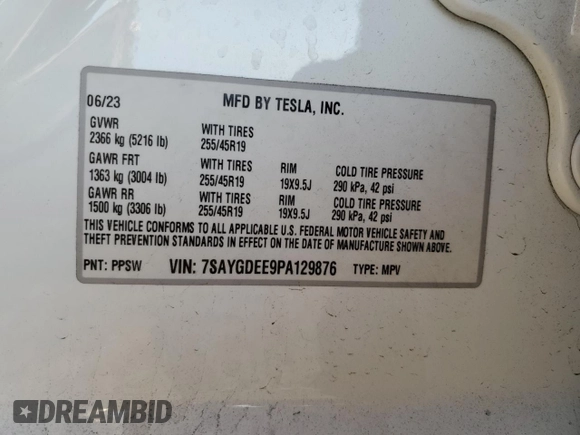 2023 Tesla Model Y Long Range with VIN 7SAYGDEE9PA129876, listed as a Copart auction lot 41819605 with 36,110 mi miles and Salvage Title. Bid and sale history available at DreamBid. Image 15.