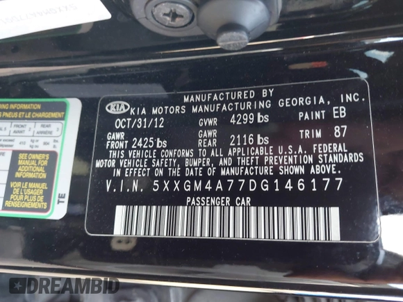 2013 Kia Optima LX with VIN 5XXGM4A77DG146177, listed as a IAAI auction lot 41769708 with 133,604 mi miles. Bid and sale history available at carsss.com. Image 9.