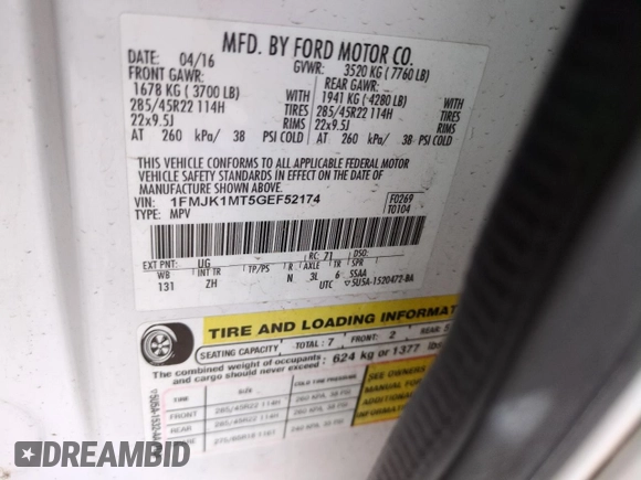 2016 Ford Expedition Max Platinum with VIN 1FMJK1MT5GEF52174, listed as a Copart auction lot 49000355 with 112,451 mi miles and Salvage title. Bid and sale history available at DreamBid. Image 13.