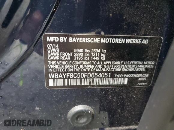 2015 BMW 7 Series 750Li xDrive with VIN WBAYF8C50FD654051, listed as a Copart auction lot 84419284 with 164,994 mi miles and Clean title. Bid and sale history available at DreamBid. Image 12.