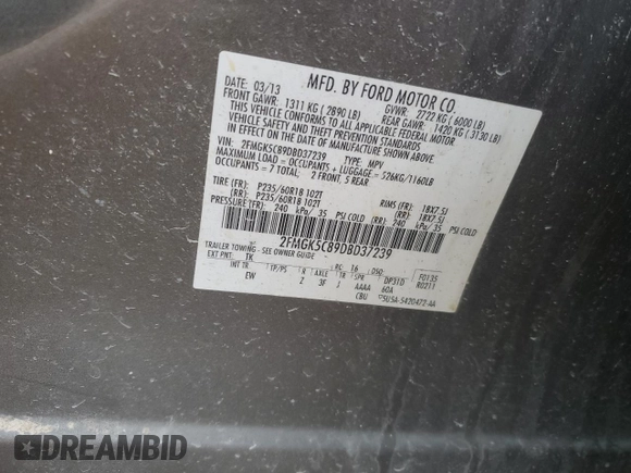 2013 Ford Flex SEL z VIN 2FMGK5C89DBD37239, wystawiony jako Copart lot #86277644 z przebiegiem 127 866 mil mil oraz Szkoda całkowita • Salvage title. Historia ofert i sprzedaży dostępna na DreamBid. Obrazek 13.