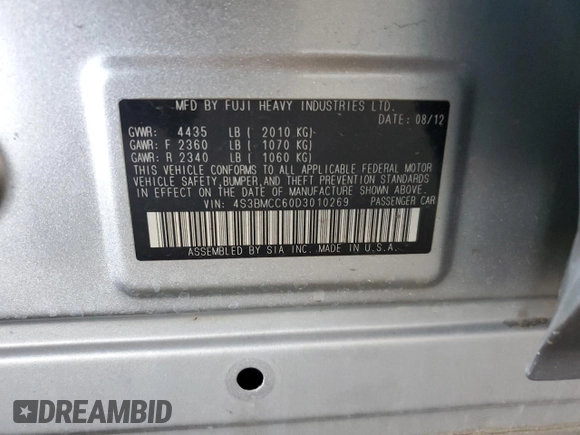 2013 Subaru Legacy Premium z VIN 4S3BMCC60D3010269, wystawiony jako Copart lot #62195655 z przebiegiem 123 265 mil mil oraz Szkoda całkowita • Salvage title. Historia ofert i sprzedaży dostępna na DreamBid. Obrazek 13.