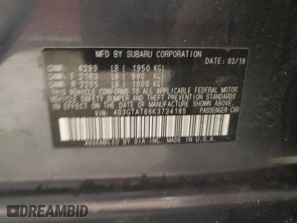 2019 Subaru Impreza Limited with VIN 4S3GTAT66K3734185, listed as a Copart auction lot 54894855 with 57,207 mi miles and Salvage Title. Bid and sale history available at DreamBid. Image 12.