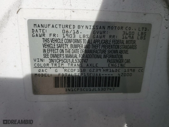 2018 Nissan Kicks SV with VIN 3N1CP5CU1JL530747, listed as a Copart auction lot 49911864 with 56,510 mi miles and Clean Title. Bid and sale history available at carsss.com. Image 12.