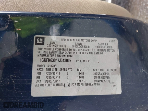 2007 GMC Yukon Denali z VIN 1GKFK63847J312002, wystawiony jako IAAI lot #42321124 z przebiegiem Nie podano mil oraz . Historia ofert i sprzedaży dostępna na DreamBid. Obrazek 9.