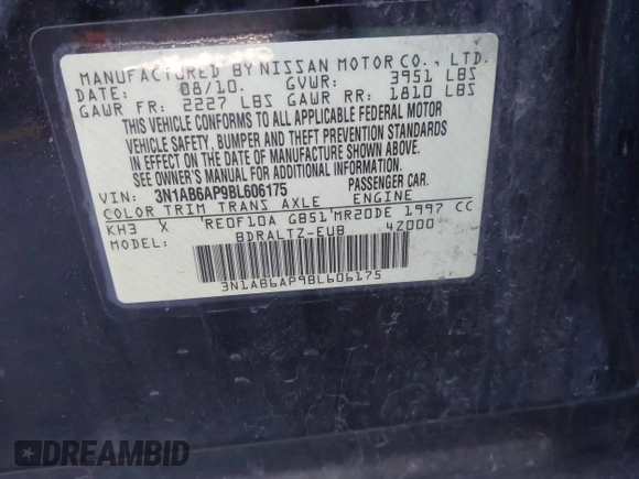 2011 Nissan Sentra SR with VIN 3N1AB6AP9BL606175, listed as a IAAI auction lot 41663407 with 196,775 mi miles and . Bid and sale history available at DreamBid. Image 9.