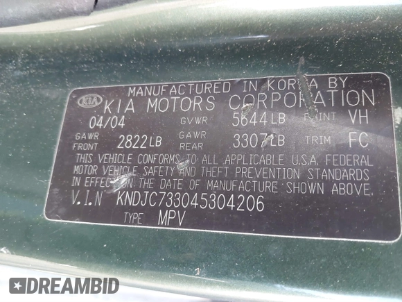 2004 Kia Sorento LX with VIN KNDJC733045304206, listed as a IAAI auction lot 41899253 with 134,711 mi miles. Bid and sale history available at carsss.com. Image 9.