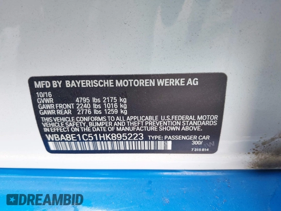 2017 BMW 3 Series 330e iPerformance with VIN WBA8E1C51HK895223, listed as a IAAI auction lot 41492625 with 116,486 mi miles. Bid and sale history available at carsss.com. Image 9.