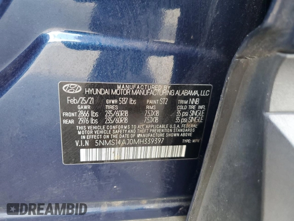 2021 Hyundai Santa Fe SE with VIN 5NMS14AJ0MH339397, listed as a Copart auction lot 45159555 with 88,929 mi miles and Salvage Title. Bid and sale history available at carsss.com. Image 13.