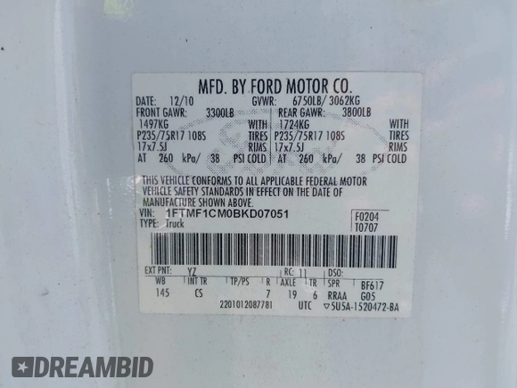 2011 Ford F-150 XL with VIN 1FTMF1CM0BKD07051, listed as a IAAI auction lot 42422902 with 355,850 mi miles and . Bid and sale history available at DreamBid. Image 9.