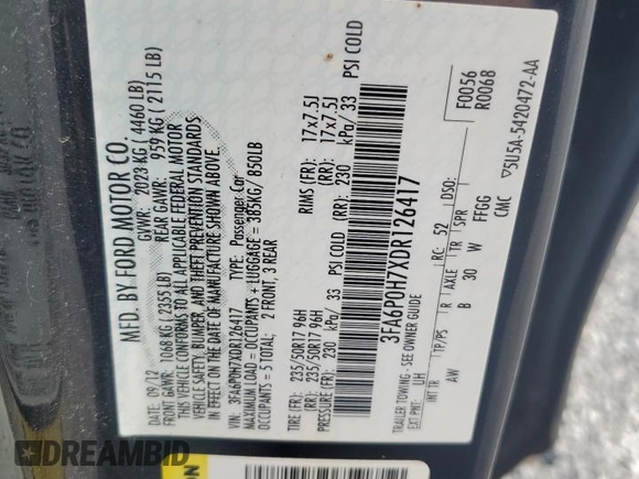 2013 Ford Fusion SE с VIN 3FA6P0H7XDR126417, выставлен на аукционе Copart как лот 65266095 с пробегом 106 578 миль миль и Чистый • Clean title. История ставок и продаж доступна на DreamBid. Изображение 12.