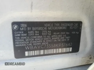2008 BMW 3 Series 328xi with VIN WBAVC73558KP37642, listed as a Copart auction lot 61891395 with 113,254 mi miles and Salvage title. Bid and sale history available at DreamBid. Image 12.