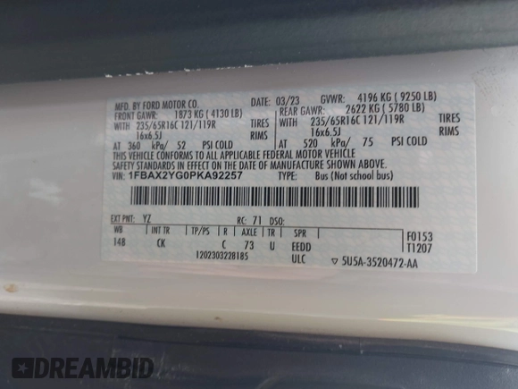 2023 Ford Transit Passenger XL with VIN 1FBAX2YG0PKA92257, listed as a IAAI auction lot 41996145 with 61,932 mi miles and . Bid and sale history available at DreamBid. Image 9.