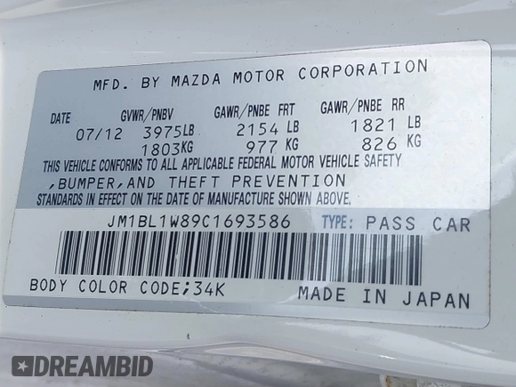 2012 Mazda 3 i Grand Touring with VIN JM1BL1W89C1693586, listed as a IAAI auction lot 41846392 with 110,400 mi miles and . Bid and sale history available at DreamBid. Image 9.