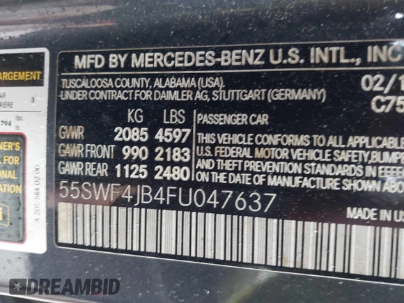 2015 Mercedes-Benz C-Class C 300 with VIN 55SWF4JB4FU047637, listed as a IAAI auction lot 42018519 with 78,297 mi miles. Bid and sale history available at carsss.com. Image 9.