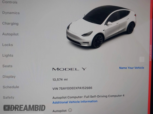 2023 Tesla Model Y Long Range with VIN 7SAYGDEEXPA152986, listed as a IAAI auction lot 41946665 with 13,574 mi miles and . Bid and sale history available at carsss.com. Image 7.