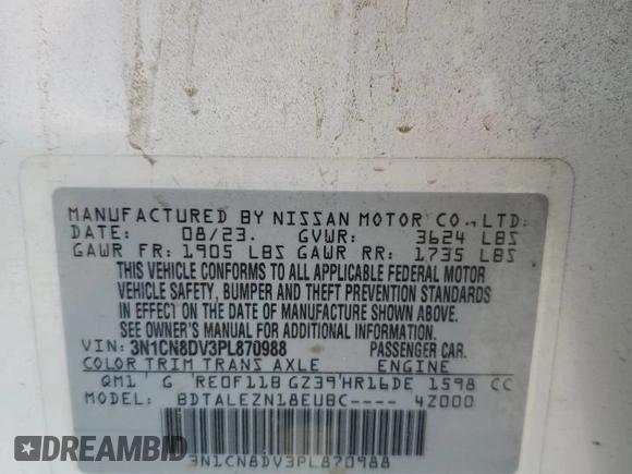 2023 Nissan Versa S with VIN 3N1CN8DV3PL870988, listed as a Copart auction lot 54761995 with 36,044 mi miles and Salvage title. Bid and sale history available at DreamBid. Image 12.