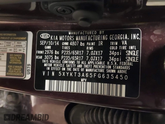 2015 Kia Sorento LX with VIN 5XYKT3A65FG635450, listed as a IAAI auction lot 41883840 with 97,238 mi miles. Bid and sale history available at carsss.com. Image 9.