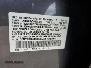 2015 Honda Pilot LX with VIN 5FNYF3H20FB030764, listed as a Copart auction lot 51082275 with 95,797 mi miles and Salvage Title. Bid and sale history available at carsss.com. Image 15.