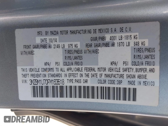 2015 Mazda 3 i Sport z VIN 3MZBM1U70FM163518, wystawiony jako IAAI lot #42127540 z przebiegiem 119 757 mil mil oraz . Historia ofert i sprzedaży dostępna na DreamBid. Obrazek 9.
