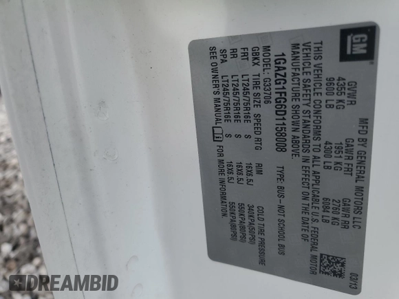 2013 Chevrolet Express Passenger LT z VIN 1GAZG1FG6D1158008, wystawiony jako Copart lot #54505715 z przebiegiem Nie podano mil oraz Szkoda całkowita • Salvage title. Historia ofert i sprzedaży dostępna na DreamBid. Obrazek 14.