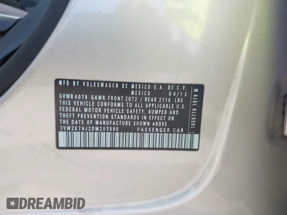 2013 Volkswagen Jetta S with VIN 3VW2K7AJ2DM293595, listed as a IAAI auction lot 42169064 with 138,906 mi miles and . Bid and sale history available at DreamBid. Image 9.