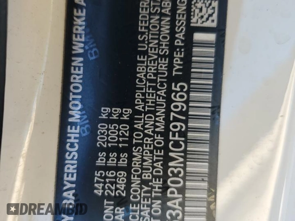 2021 BMW 4 Series 430i with VIN WBA53AP03MCF97965, listed as a Copart auction lot 82152154 with 41,854 mi miles and Salvage Title. Bid and sale history available at DreamBid. Image 12.