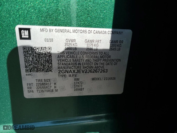 2018 Chevrolet Equinox LT with VIN 2GNAXJEV2J6267263, listed as a Copart auction lot 83468254 with 75,106 mi miles and Salvage Title. Bid and sale history available at carsss.com. Image 13.