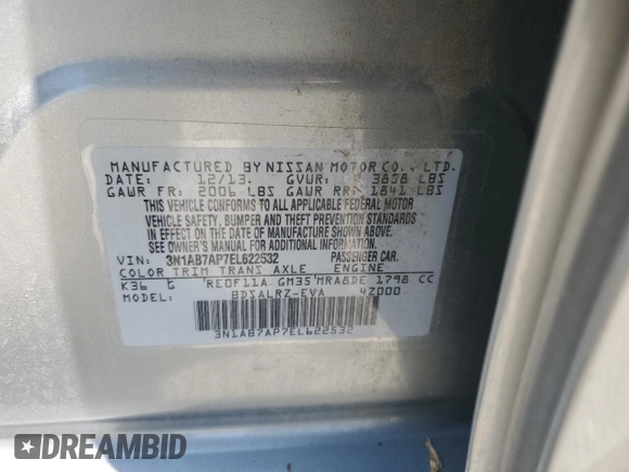 2014 Nissan Sentra SR z VIN 3N1AB7AP7EL622532, wystawiony jako Copart lot #59997145 z przebiegiem Nie podano mil oraz Szkoda całkowita • Salvage title. Historia ofert i sprzedaży dostępna na DreamBid. Obrazek 12.