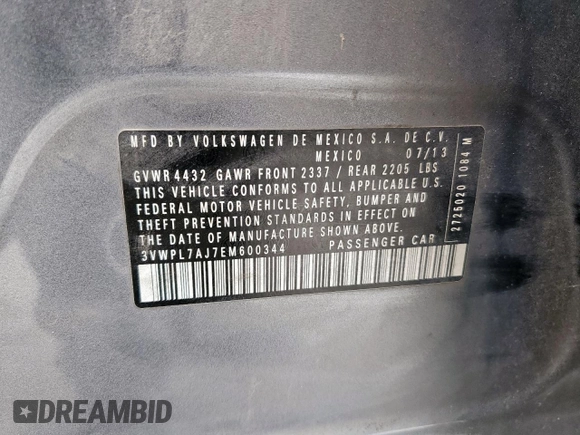 2014 Volkswagen Jetta TDI w/Sunroof with VIN 3VWPL7AJ7EM600344, listed as a Copart auction lot 57638955 with 191,498 mi miles and Salvage title. Bid and sale history available at DreamBid. Image 12.