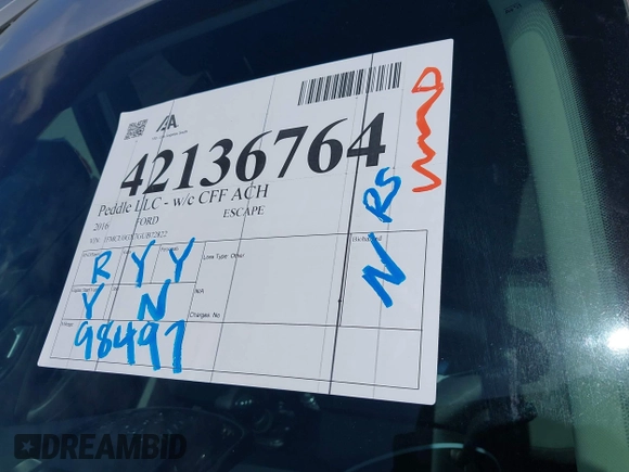 2016 Ford Escape SE with VIN 1FMCU0GX7GUB72822, listed as a IAAI auction lot 42136764 with 98,497 mi miles. Bid and sale history available at carsss.com. Image 12.