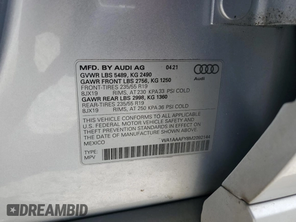 2021 Audi Q5 Premium with VIN WA1AAAFY8M2092144, listed as a Copart auction lot 59856715 with 65,098 mi miles and Salvage title. Bid and sale history available at DreamBid. Image 13.