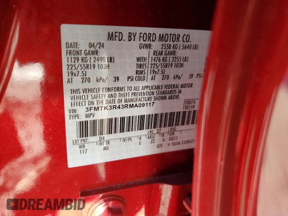 2024 Ford Mustang Mach-E Premium с VIN 3FMTK3R43RMA09117, выставлен на аукционе Copart как лот 42531195 с пробегом 2 470 миль миль и Списание • Salvage title. История ставок и продаж доступна на DreamBid. Изображение 13.