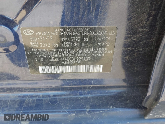 2013 Hyundai Elantra GLS z VIN 5NPDH4AE0DH229430, wystawiony jako IAAI lot #42270443 z przebiegiem 199 322 mil mil oraz . Historia ofert i sprzedaży dostępna na DreamBid. Obrazek 9.