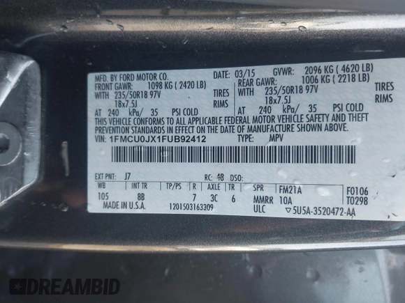 2015 Ford Escape Titanium with VIN 1FMCU0JX1FUB92412, listed as a IAAI auction lot 41893933 with 95,306 mi miles. Bid and sale history available at carsss.com. Image 9.