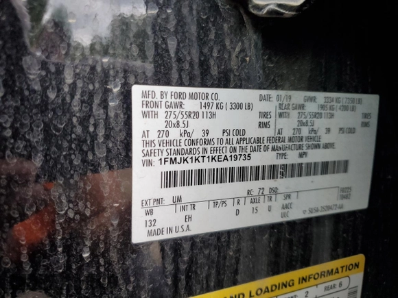 2019 Ford Expedition Max Limited with VIN 1FMJK1KT1KEA19735, listed as a Copart auction lot 56634085 with 147,154 mi miles and Salvage title. Bid and sale history available at DreamBid. Image 13.