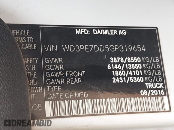 2016 Mercedes-Benz Sprinter Cargo with VIN WD3PE7DD5GP319654, listed as a IAAI auction lot 42169240 with 264,577 mi miles. Bid and sale history available at carsss.com. Image 9.