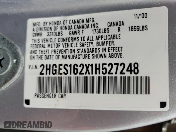 2001 Honda Civic DX with VIN 2HGES162X1H527248, listed as a Copart auction lot 84811674 with 132,592 mi miles and Salvage Title. Bid and sale history available at carsss.com. Image 13.