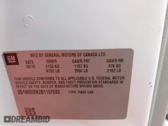 2011 Chevrolet Impala LT Fleet with VIN 2G1WG5EK2B1107533, listed as a IAAI auction lot 41714694 with 217,711 mi miles and . Bid and sale history available at DreamBid. Image 9.