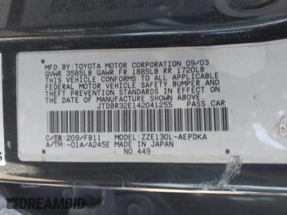 2004 Toyota Corolla CE with VIN JTDBR32E142041255, listed as a IAAI auction lot 41807159 with 211,905 mi miles and . Bid and sale history available at DreamBid. Image 9.