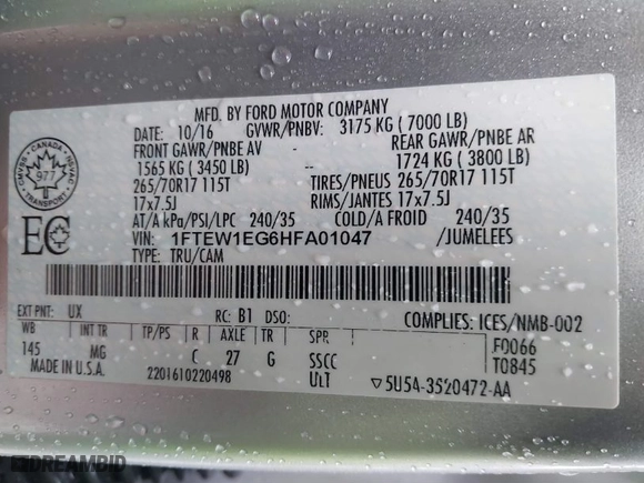 2017 Ford F-150 XL with VIN 1FTEW1EG6HFA01047, listed as a IAAI auction lot 41430140 with NaN miles. Bid and sale history available at carsss.com. Image 9.