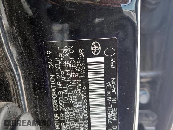 2019 Toyota Prius L Eco with VIN JTDKARFU0K3083516, listed as a Copart auction lot 59800495 with Not provided miles and Salvage title. Bid and sale history available at DreamBid. Image 12.