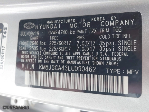 2020 Hyundai Tucson Value with VIN KM8J3CA43LU090462, listed as a IAAI auction lot 41456401 with 66,895 mi miles. Bid and sale history available at carsss.com. Image 9.