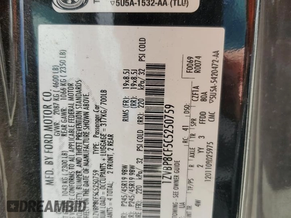 2012 Ford Mustang GT Premium with VIN 1ZVBP8CF5C5250759, listed as a Copart auction lot 51655095 with 124,351 mi miles and Salvage Title. Bid and sale history available at DreamBid. Image 13.