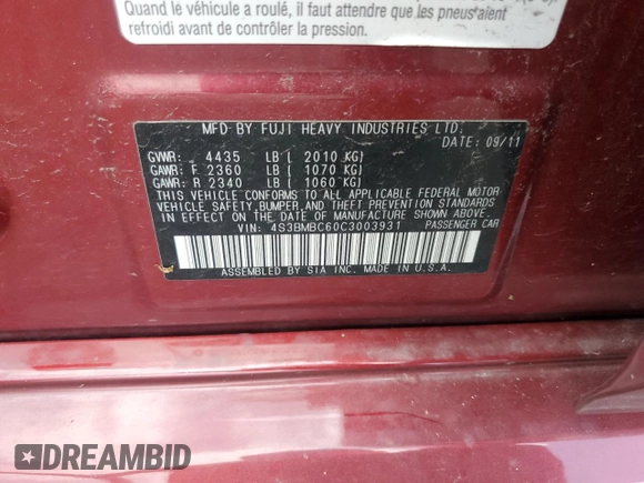2012 Subaru Legacy Premium with VIN 4S3BMBC60C3003931, listed as a Copart auction lot 65114695 with 136,199 mi miles and Salvage title. Bid and sale history available at DreamBid. Image 12.