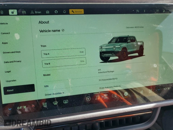 2022 Rivian R1T Adventure z VIN 7FCTGAAA0NN010103, wystawiony jako Copart lot #53312035 z przebiegiem 48 333 mil mil oraz Szkody całkowita. Historia ofert i sprzedaży dostępna na DreamBid. Obrazek 9.
