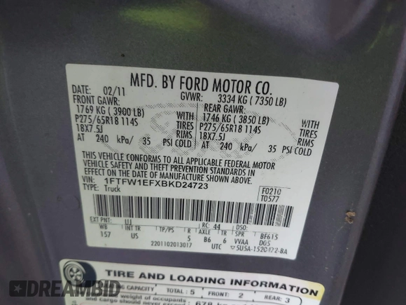 2011 Ford F-150 XL with VIN 1FTFW1EFXBKD24723, listed as a IAAI auction lot 42125305 with 202,032 mi miles. Bid and sale history available at carsss.com. Image 9.