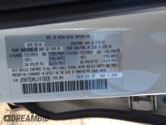 2018 Mazda CX-5 S Premium with VIN JM3KFBDM8J1419006, listed as a IAAI auction lot 41498658 with 123,622 mi miles and . Bid and sale history available at DreamBid. Image 9.