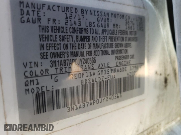2018 Nissan Sentra SV z VIN 3N1AB7AP0JY240565, wystawiony jako Copart lot #57862825 z przebiegiem 162 056 mil mil oraz Czysty tytuł • Clean title. Historia ofert i sprzedaży dostępna na DreamBid. Obrazek 12.